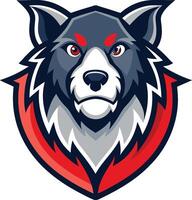 Wolf logo, fierce expression, red eyes, stylized graphic design, sports team mascot, navy blue and red color scheme, sharp angular shapes vector