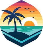 Retro tropical sunset, vibrant rainbow gradient sky, silhouette palm tree, ocean waves, flying birds, geometric circular frame vector
