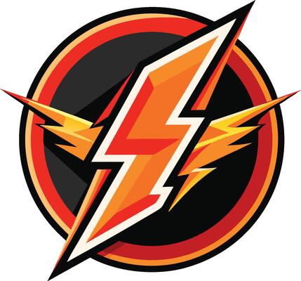 Logo design, lightning bolt, circular emblem, red and orange colors, black background, dynamic, energetic, superhero-inspired