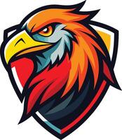 Stylized eagle head logo, vibrant colors, fierce expression, orange and red feathers, yellow beak, teal accents, sharp angular design vector