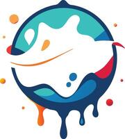 Abstract logo, minimalist whale design, circular shape, teal and navy blue colors, white negative space, splashing water effect, colorful dots, playful and modern style vector