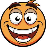 Cartoon emoji, happy expression, big smile, wide eyes, orange circular face, expressive eyebrows, style, simple design vector