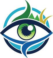 Logo design, stylized eye, nature-inspired, abstract, green and blue color scheme, mountain peaks, leaf shapes vector