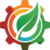 Logo design, gear shape, leaf symbol, environmental technology, sustainability icon, red to green gradient, circular motif vector