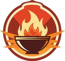Logo design, bowl with flames, fiery emblem, circular badge, warm color palette, red and orange tones, stylized fire icon, minimalist graphic vector