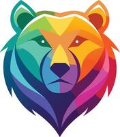 Geometric bear head, colorful abstract design, rainbow gradient, minimalist animal logo, vibrant spectrum colors, symmetrical composition, modern graphic art vector