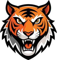 Tiger mascot, fierce expression, stylized graphic design, orange and black, sharp teeth, pointed ears, yellow eyes, bold lines, symmetrical vector