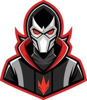 Masked villain logo, esports mascot, red and black color scheme, angular geometric design, cyberpunk aesthetic, futuristic warrior, menacing glowing eyes vector