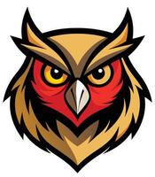 Stylized owl head logo, fierce red eyes, sharp beak, geometric shapes, bold colors, gold and red feathers, symmetrical design, mascot style, art, clean lines vector