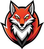 Fox logo, stylized, fierce expression, orange and red color scheme, pointy ears, yellow eyes, white fur accents, sleek design, sharp angles, bold outlines, mascot style vector