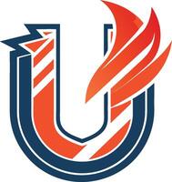 Logo design, stylized letter U, flame motif, orange and navy blue color scheme, dynamic arrow shape, abstract phoenix, modern corporate branding, sharp angles vector