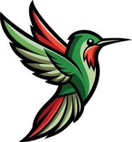 Stylized hummingbird logo, vibrant green and red feathers, geometric shapes, sleek lines, dynamic flight pose, minimalist design, art, sharp contrasts vector