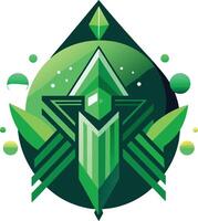 Geometric logo design, green and white color scheme, diamond shape, teardrop background, abstract leaf motif, symmetrical composition, futuristic emblem vector