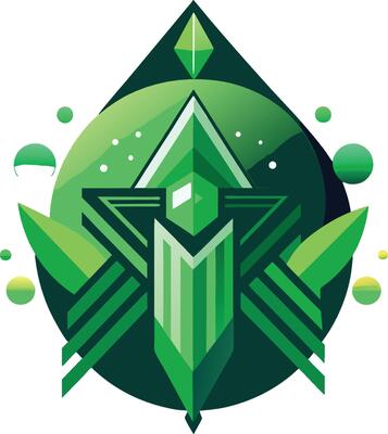 Geometric logo design, green and white color scheme, diamond shape, teardrop background, abstract leaf motif, symmetrical composition, futuristic emblem