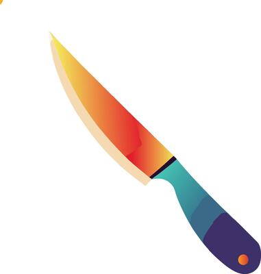 Colorful kitchen knife, gradient blade, orange to red gradient, teal and purple handle, minimalist design, clean lines, vibrant colors