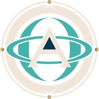 Logo design, letter A, geometric shapes, teal and beige color scheme, circular emblem, minimalist, abstract, planetary orbits, triangle accent, symmetrical composition vector