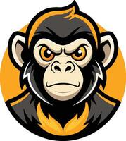 Stylized cartoon monkey mascot, fierce expression, orange and black color scheme, large ears, circular logo design, determined eyes, vectorized illustration vector