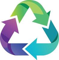 Recycling symbol, gradient colors, purple to green to blue, triangular shape, smooth curves, environmental icon vector