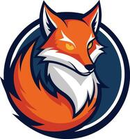 Fox logo, stylized, graphic design, vibrant orange and white fur, sharp angular features, circular emblem, navy blue background, yellow eye, sleek profile view vector