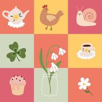 Geometric checkered pattern with cute spring and garden elements. Groovy seamless pattern. vector