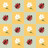 Checkered seamless pattern with flower and lady bug. Cute spring pattern for textile, card, and other designs. vector