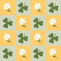 Groovy checkered seamless pattern with cute flower and clover leaf. Hand drawn illustration in retro style. vector