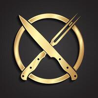 3d golden crossed knife and fork symbol vector