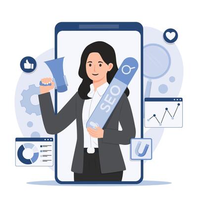 SEO marketing concept Businesswoman showing thumbs up on smartphone screen. Flat illustration.