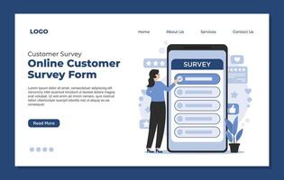 Landing page template for customer survey and online survey concept with data analysis illustration. vector