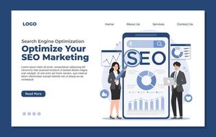 Landing page template of Optimize Your SEO Search Engine Optimization. Flat illustration vector