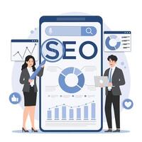 Search engine optimization concept. illustration in flat cartoon style. Man and woman search engine optimization. vector