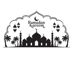 Silhouette of a mosque and Ramadan Kareem greeting. vector