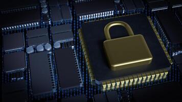 The Gold Lock on Chip for Technology or Security concept 3d Rendering. photo
