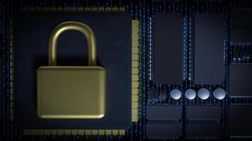 Gold Lock on Chip for Technology or Security concept 3d Rendering. photo