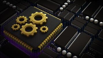 The Gold Gear on Chip for Technology or IT concept 3d Rendering. photo