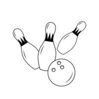 Line illustration of bowling pins with ball on white background. Bowling game. For designs team sports and outdoor activity themes. vector