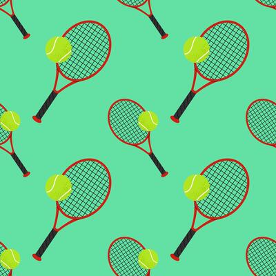 Tennis racket and ball. For sports themes, outdoor games and team activity concepts. Seamless pattern for textile, wrapping paper, background.
