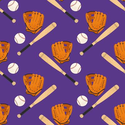 Sports equipment bat, ball and glove. For sports themes, outdoor games and team activity concepts. Seamless pattern for textile, wrapping paper, background.
