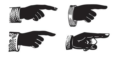 Set of silhouette engravings of pointing fingers. Hands pointing symbols. vector