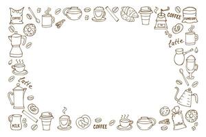 horizontal frame of coffee utensils, coffee cups and teapots, hand drawn in cartoon style. vector