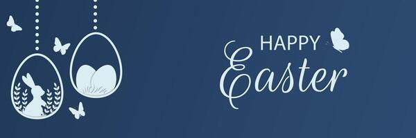 Festive horizontal Happy Easter banner with cut paper effect. Design with Easter eggs, bunny, butterflies on blue background. illustration vector
