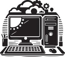 Desktop Computer Silhouette Illustration in Black and White vector