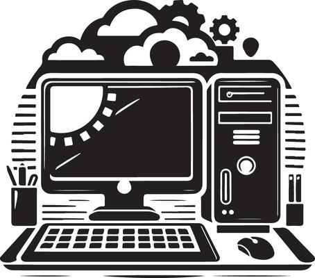 Desktop Computer Silhouette Illustration in Black and White