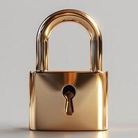 A shiny golden padlock with a keyhole on a neutral background. photo