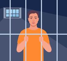 Prisoner man in orange suit behind bars of a prison cell. Punishment system for crime and law breaking. Arrested guilty man. illustration. vector