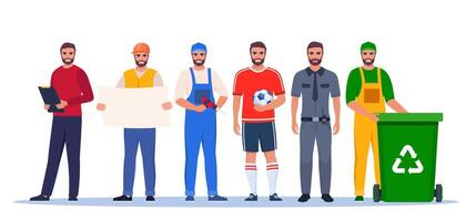 Job and professions set. Men in uniforms, different occupation, work. Same man character in different occupations. illustration. vector