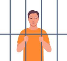 Prisoner guy in orange suit behind bars of a prison cell. Punishment system for crime and law breaking. Arrested guilty man. illustration. vector