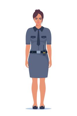 Woman police officer in uniform standing in front view. Profession people concept. Job at police station. Policeman character. illustration.