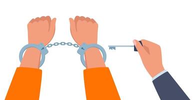 Hands in handcuffs. Key is in the hands of freedom. Arrested man in a metal handcuffs. Break free. Prisoner release. Freedom concept. Unlocking handcuffs. End of arrest. illustration vector