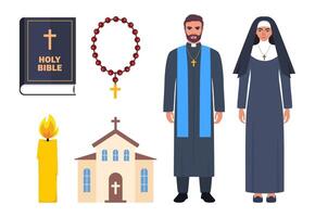 Christianity religious spiritual set. Catholic priest and nun. Church, bible, candle, prayer beads. Peace religion communion. illustration. vector